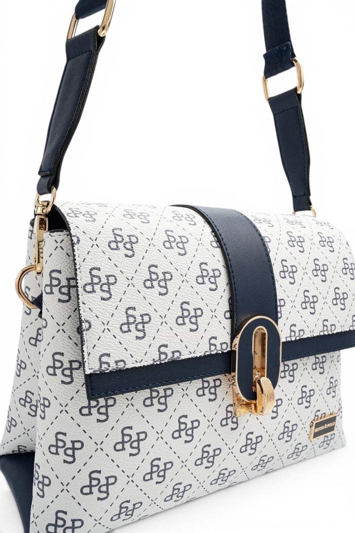 Silver Polo Beyaz - Lacivert Monogram Kadın Çapraz Çanta SP1287