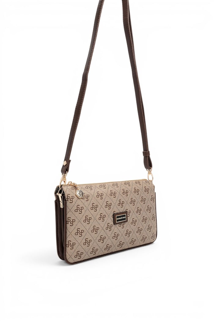 Silver Polo Koyu Bej - Kahve Monogram Kadın Çapraz Çanta SP1291
