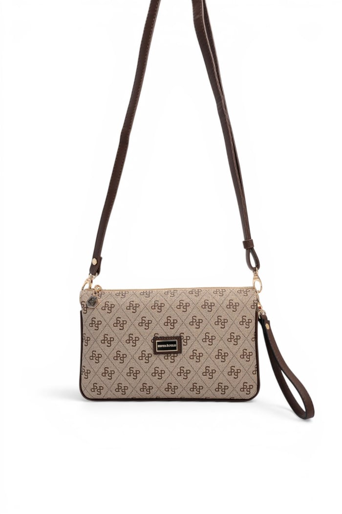 Silver Polo Koyu Bej - Kahve Monogram Kadın Çapraz Çanta SP1291
