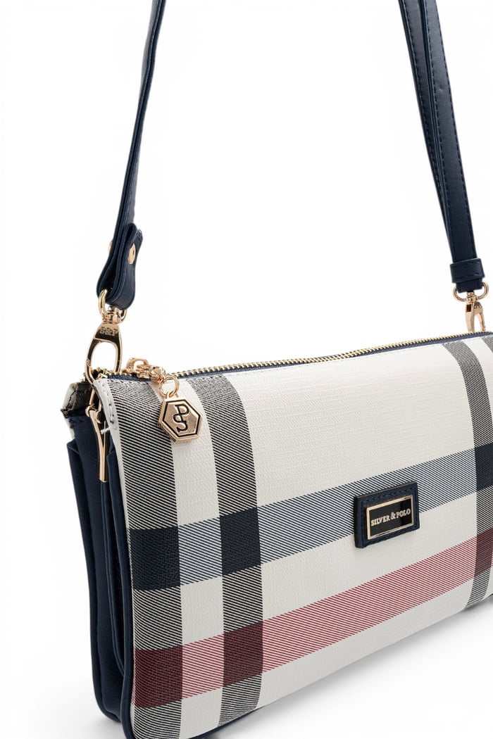 Silver Polo Beyaz - Lacivert Ekose Kadın Çapraz Çanta SP1291