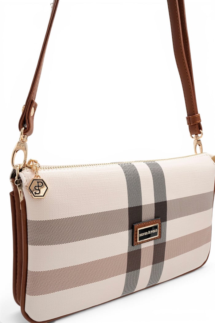 Silver Polo Krem - Taba Ekose Kadın Çapraz Çanta SP1291
