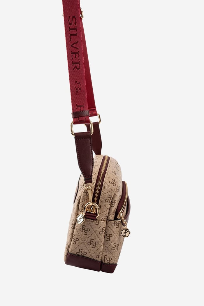 Silver Polo Koyu Bej - Bordo Monogram Kadın Çapraz Çanta SP1201