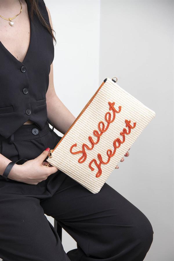 Silver Polo Bej - Orange Dokuma Hasır Kadın Portföy ve Clutch El Çantası SP1034