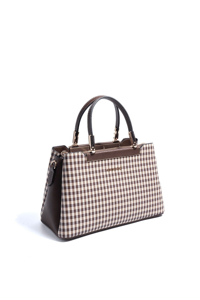 Silver & Polo SP913 Kadın El Çantası Ekose Line Kare Kahve Sarı-Kahve