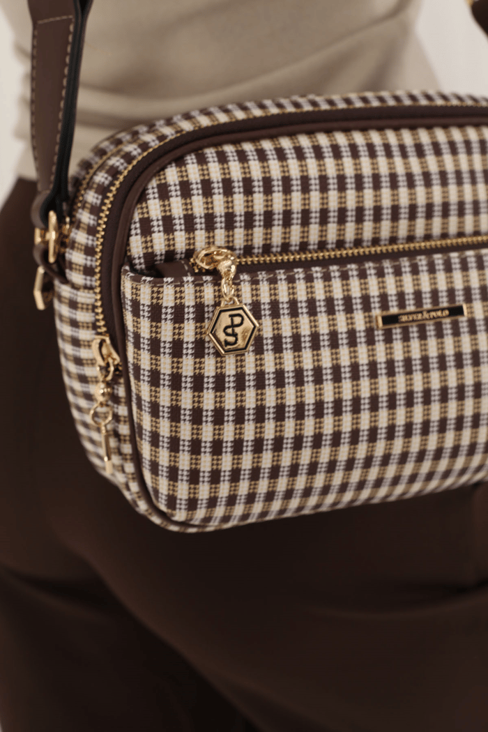 Silver & Polo SP1162 Kadın Çapraz Çanta Ekose Line Kare Kahve Sarı-Kahve