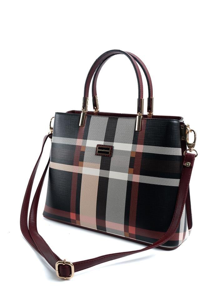 Silver Polo Siyah - Bordo Ekose Kadın El Çantası SP924