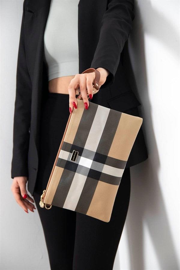 Silver Polo Bej - Taba Ekose Kadın Portföy ve Clutch El Çantası SP1034