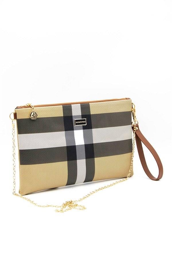 Silver Polo Bej - Taba Ekose Kadın Portföy ve Clutch El Çantası SP1034