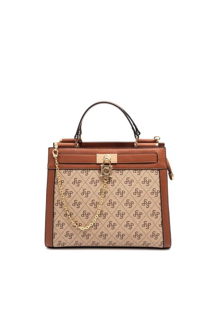 Silver & Polo SP1166 Kadın El Çantası Monogram Koyu Bej-Taba