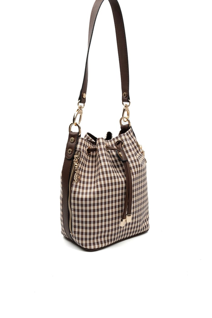 Silver & Polo SP1137 Kadın Omuz Çantası Ekose Line Kare Kahve Sarı-Kahve