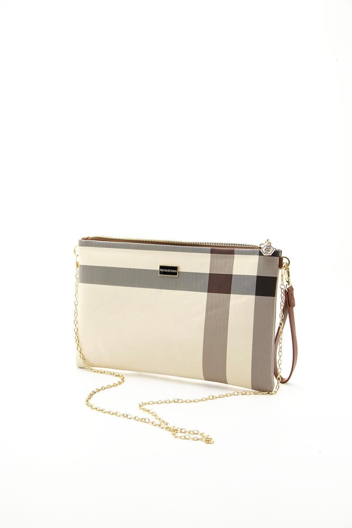 Silver Polo Krem - Taba Ekose Kadın Portföy ve Clutch El Çantası SP1034