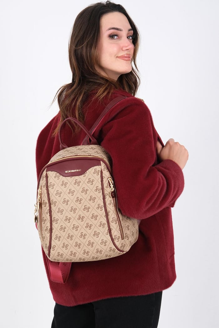 Silver Polo Koyu Bej - Bordo Monogram Kadın Sırt Çantası SP906