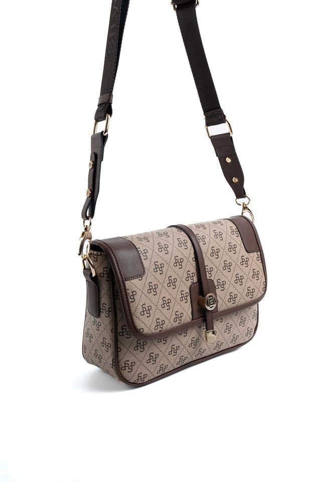Silver & Polo SP1182 Kadın Çapraz Çanta Monogram Koyubej-Kahve