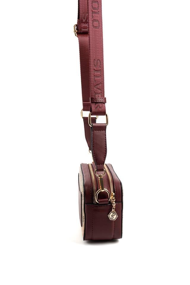 Silver Polo Koyu Bej - Bordo Monogram Kadın Çapraz Çanta SP1078