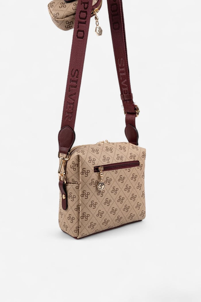 Silver Polo Koyu Bej - Bordo Monogram Kadın Çapraz Çanta SP1038