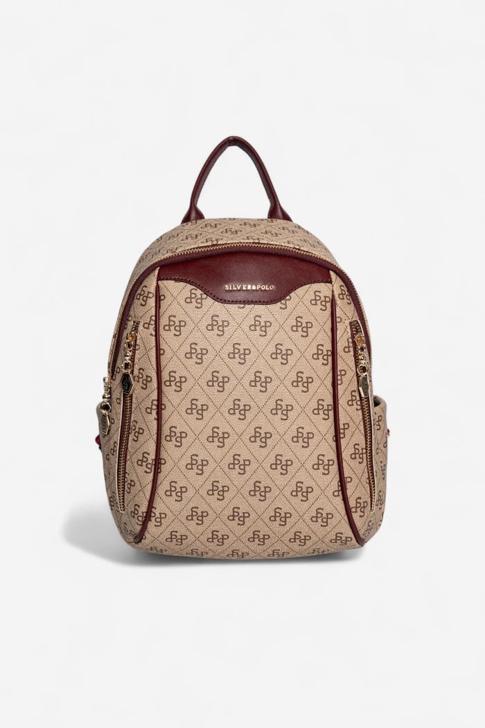 Silver Polo Koyu Bej - Bordo Monogram Kadın Sırt Çantası SP906