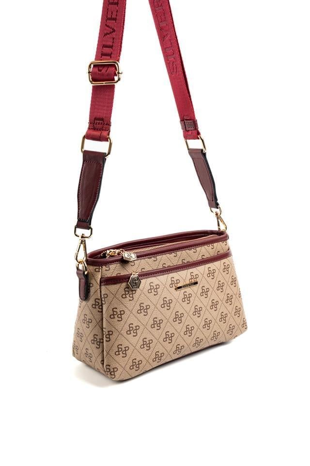 Silver Polo Koyu Bej - Bordo Monogram Kadın Çapraz Çanta SP1184