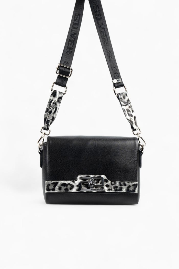 Silver Polo Siyah - Leopar Gri Düz Kadın Çapraz Çanta SP1257