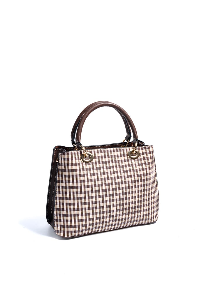 Silver & Polo SP1272 Kadın El Çantası Ekose Line Kare Kahve Sarı-Kahve