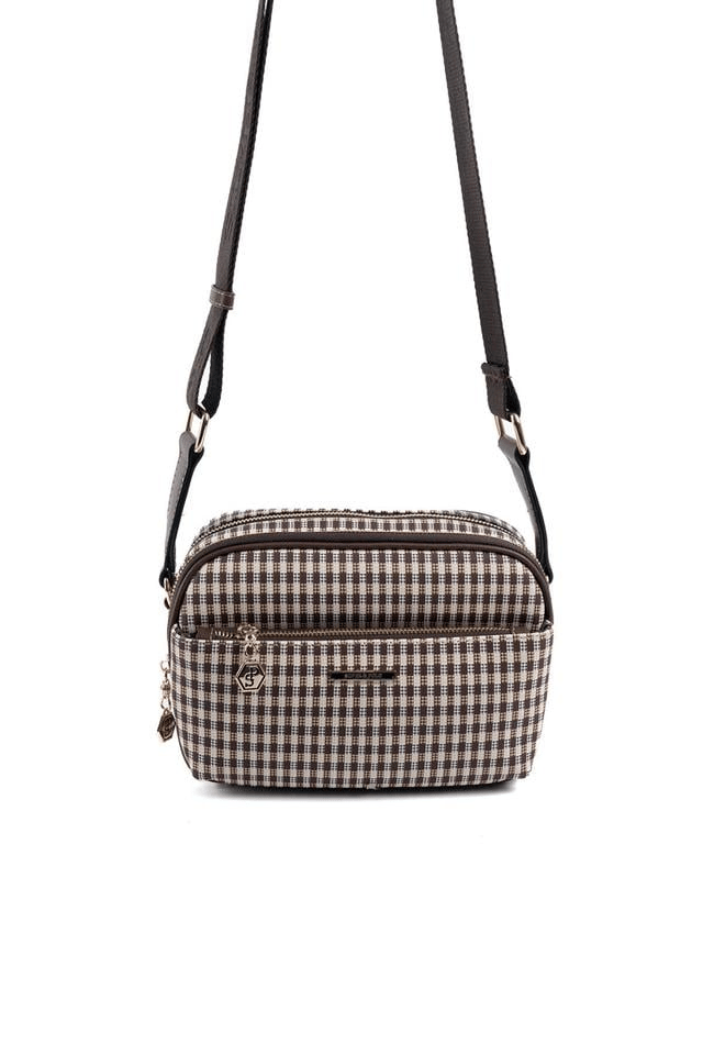 Silver & Polo SP1162 Kadın Çapraz Çanta Ekose Line Kare Kahve Sarı-Kahve