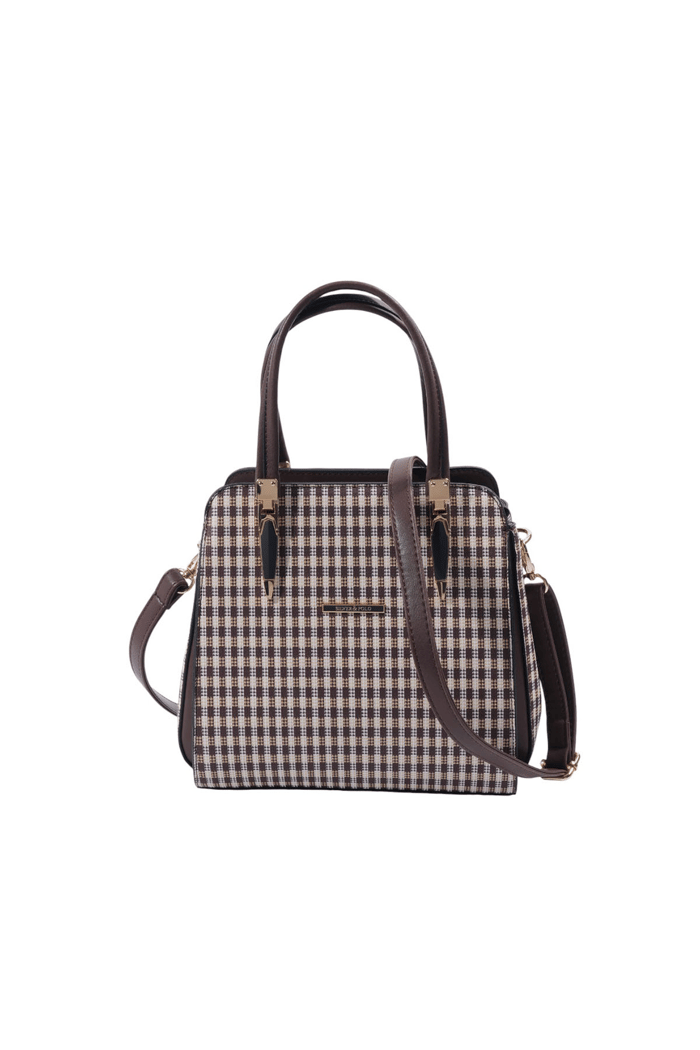 Silver & Polo SP1136 Kadın El Çantası Ekose Line Kare Kahve Sarı-Kahve