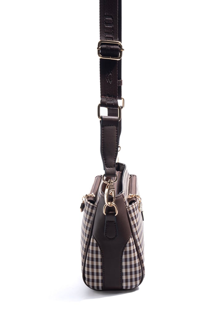 Silver Polo Kahve Sarı - Kahve Ekose Line Kare Kadın Çapraz Çanta SP1273