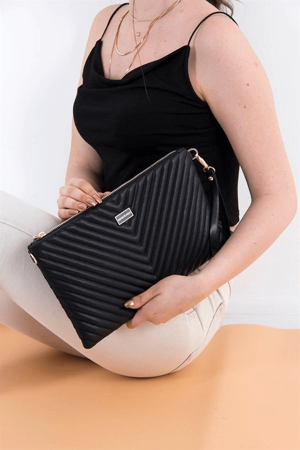 Silver Polo Siyah - Siyah Kapitone V Kadın Portföy ve Clutch El Çantası SP1034