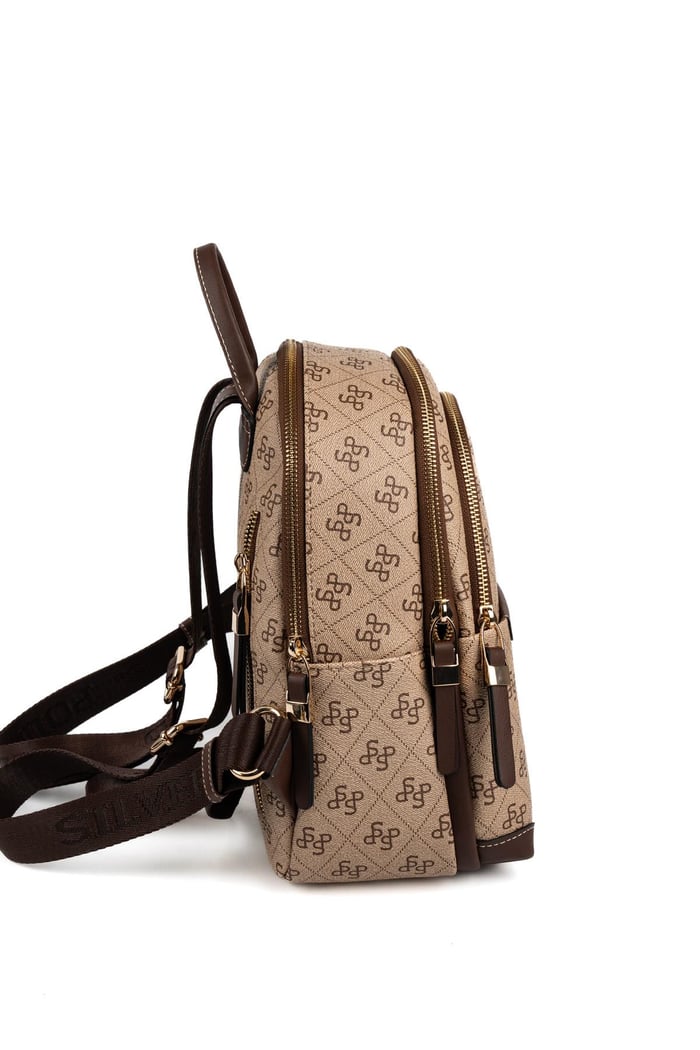 Silver & Polo SP1265 Kadın Sırt Çantası Monogram Koyu Bej-Kahve