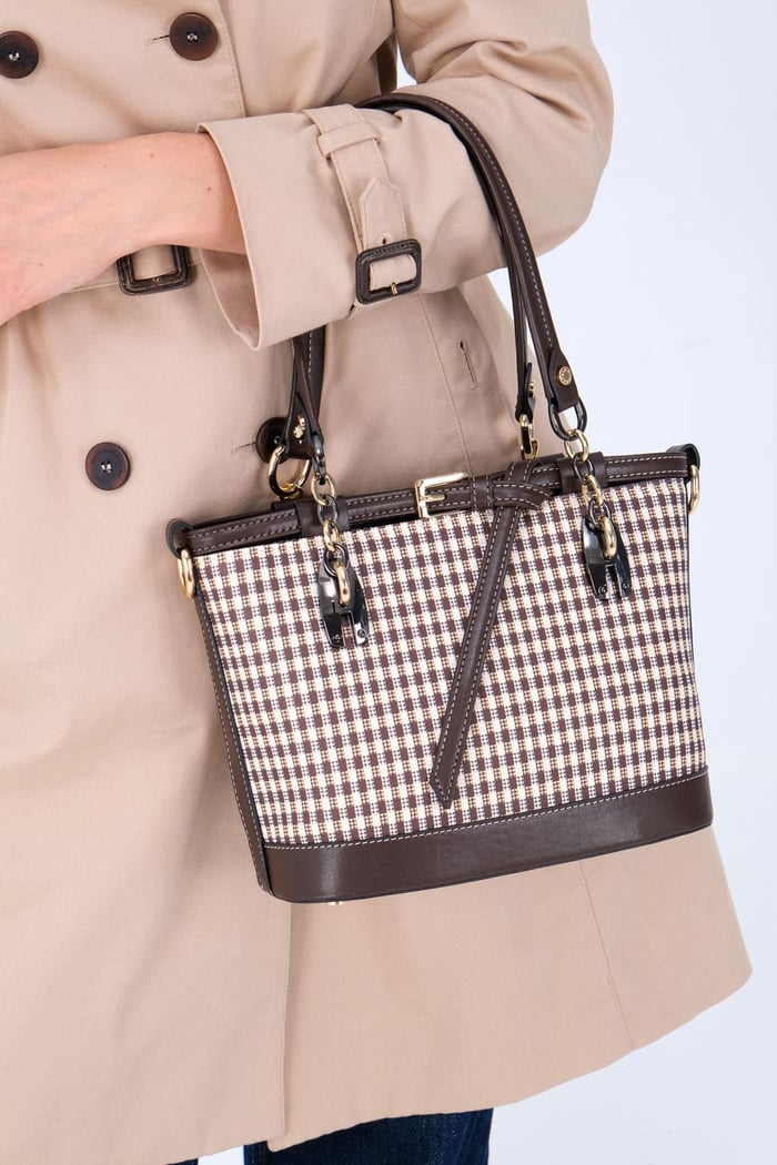 Silver Polo Kahve Sarı - Kahve Ekose Line Kare Kadın El Çantası SP1155