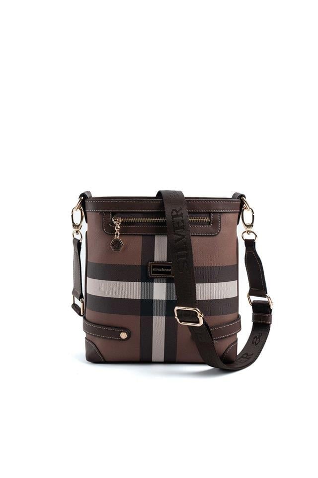 Silver Polo Koyu Kahve - Kahve Ekose Kadın Çapraz Çanta SP1120