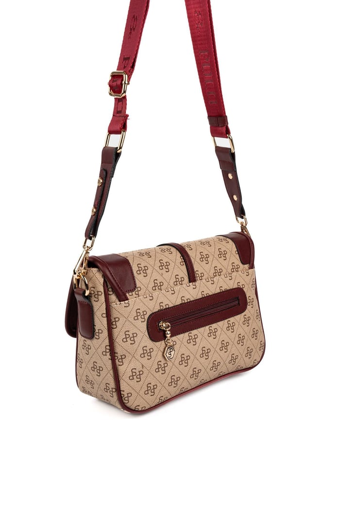 Silver Polo Koyu Bej - Bordo Monogram Kadın Çapraz Çanta SP1182