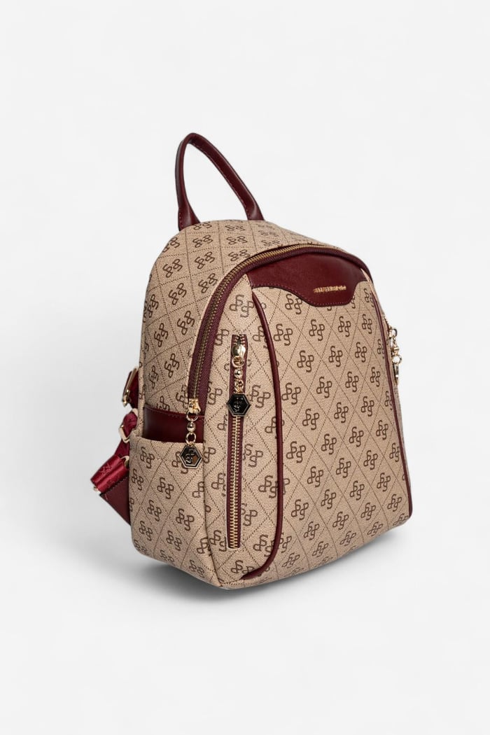 Silver Polo Koyu Bej - Bordo Monogram Kadın Sırt Çantası SP906