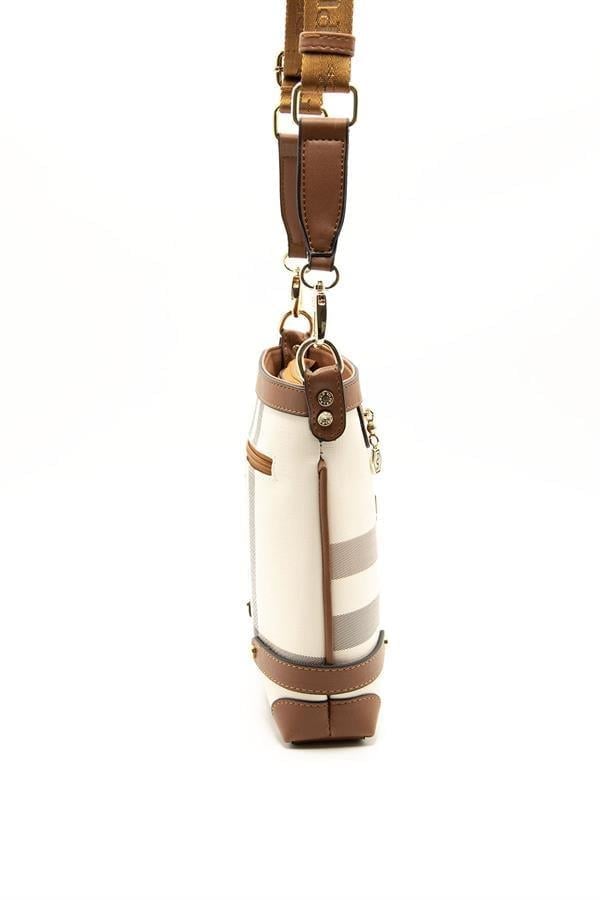 Silver Polo Krem - Taba Ekose Kadın Çapraz Çanta SP1120