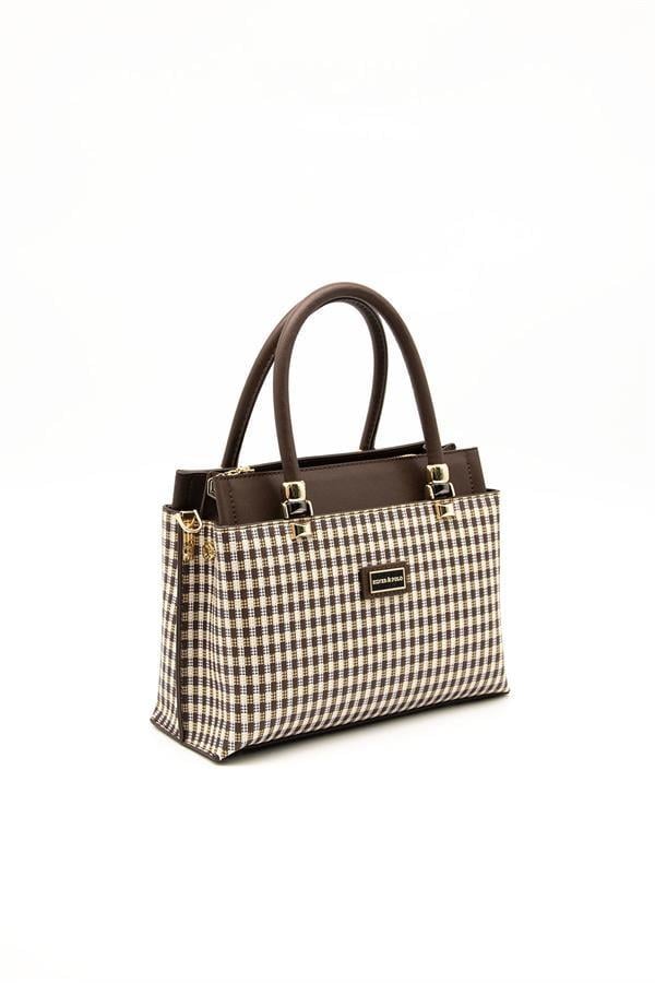 Silver & Polo SP826 Kadın El Çantası Ekose Line Kare Kahve Sarı-Kahve