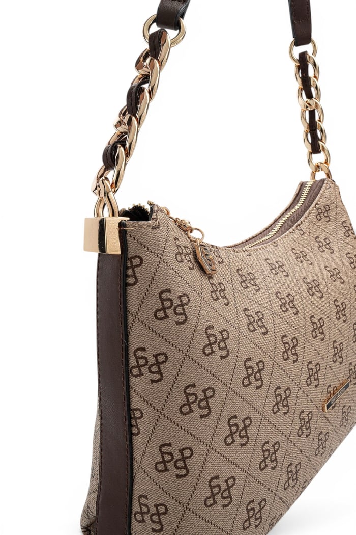 Silver Polo Koyu Bej - Kahve Monogram Kadın Omuz Çantası SP1290