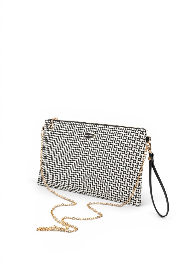 Silver Polo Siyah - Siyah Kaz Ayağı Ekose Kadın Portföy ve Clutch El Çantası SP1034