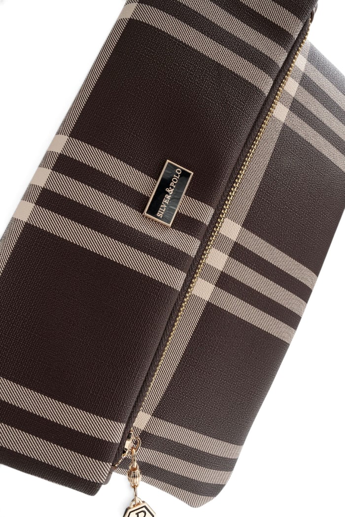 Silver Polo Kahve - Kahve Çizgili Ekose Kadın Portföy ve Clutch El Çantası SP1134