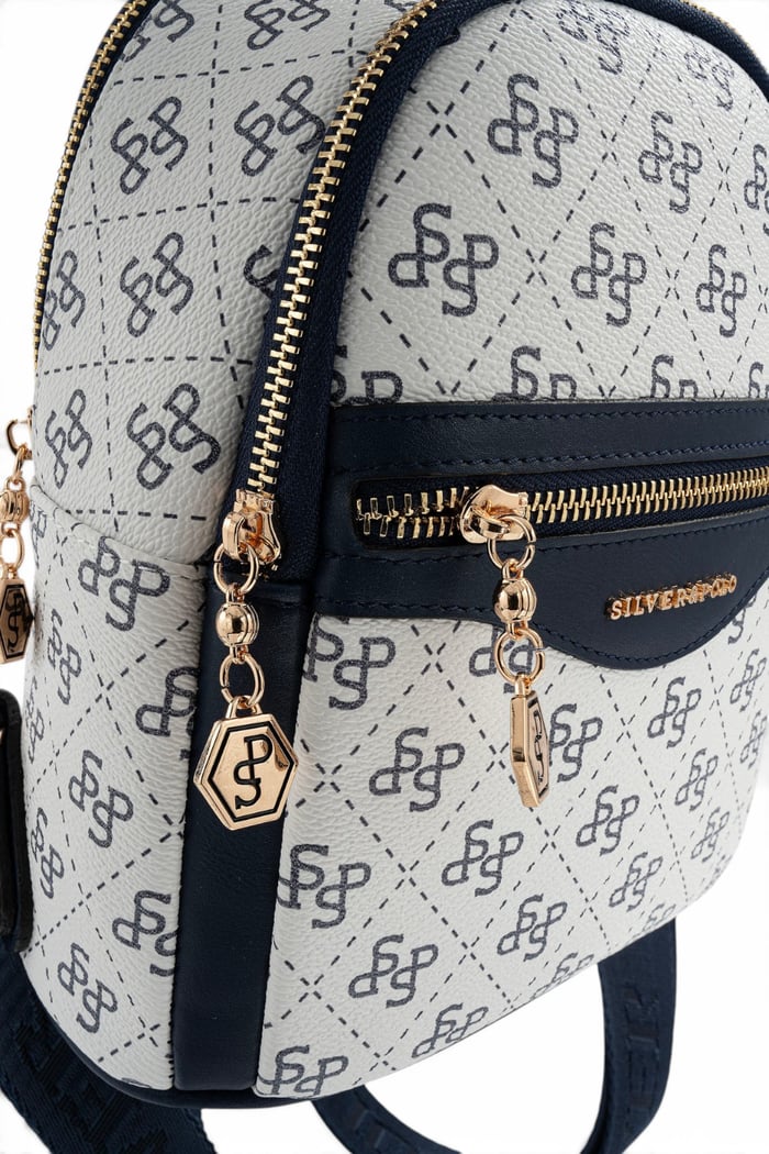 Silver Polo Beyaz - Lacivert Monogram Kadın Sırt Çantası SP983