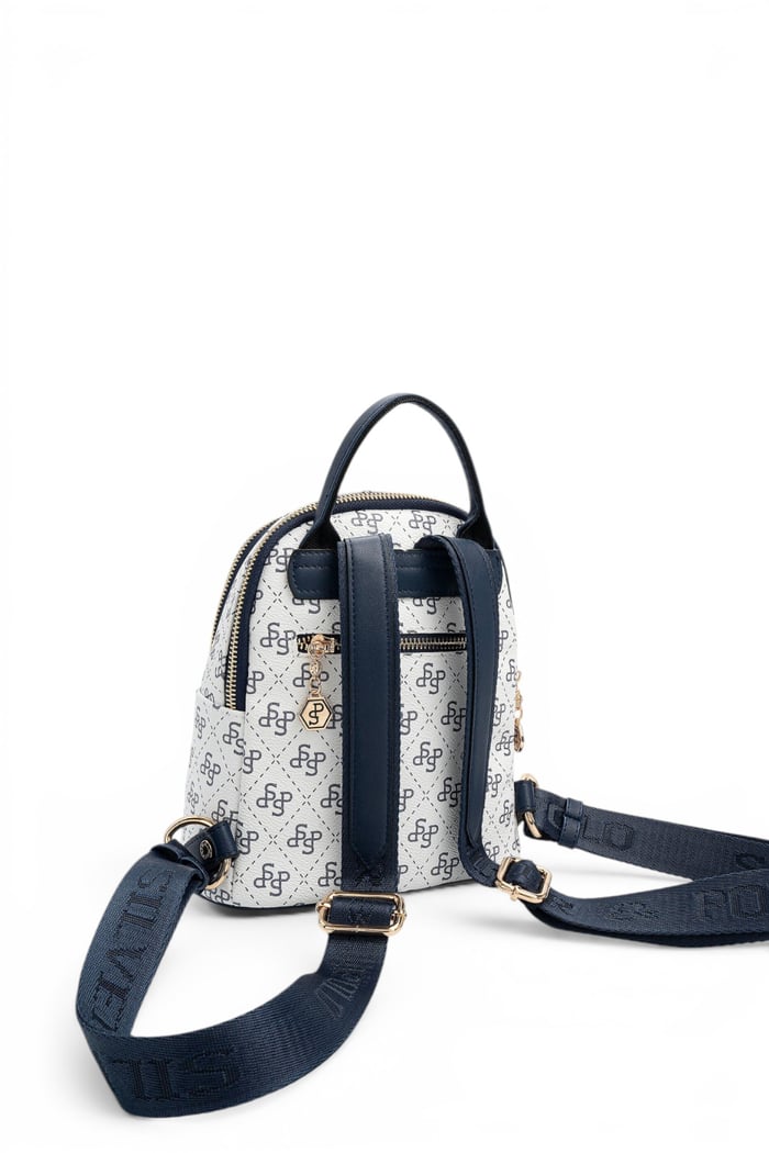 Silver Polo Beyaz - Lacivert Monogram Kadın Sırt Çantası SP983