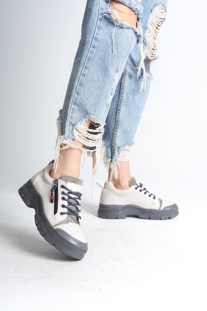 AGATHA Bağcıklı Fermuarlı Ortopedik Taban Kadın Sneaker Spor Ayakkabı CGT - Krem