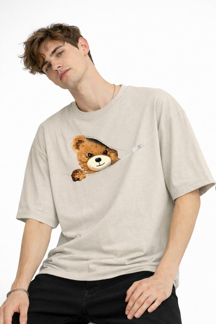 CH - Bear Baskılı Oversize Tişört BEJ