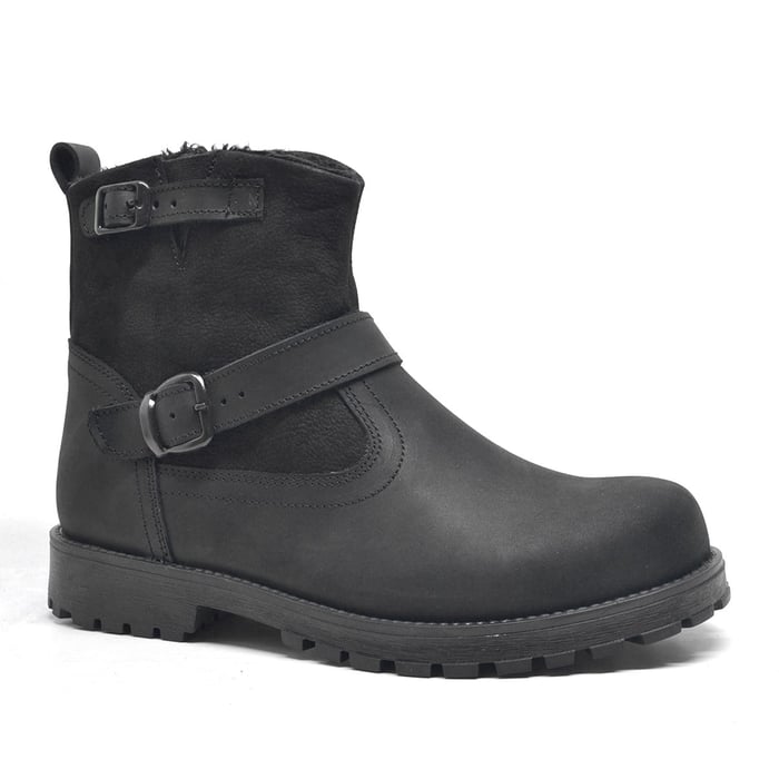 Rakerplus Black Genuine Leather Buckle Boots Zipped