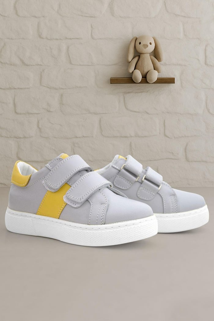 Genuine Leather Gray Yellow Velcro Kids Sports Shoes C1910-GRSA.30