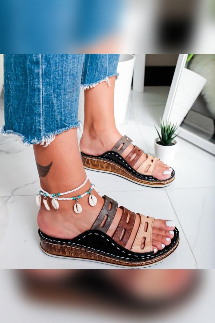 Genuine Leather Black Comfort Laser Cutting Women's Slippers