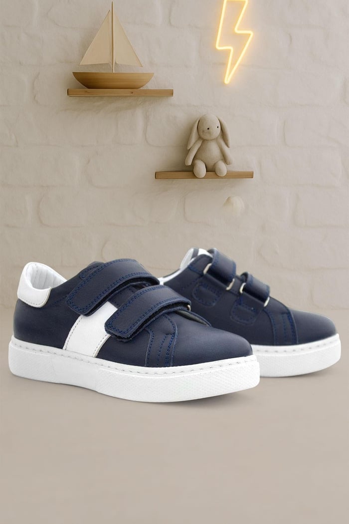 Genuine Leather Navy Blue White Velcro Men's Sports Shoes C1910-LB.30