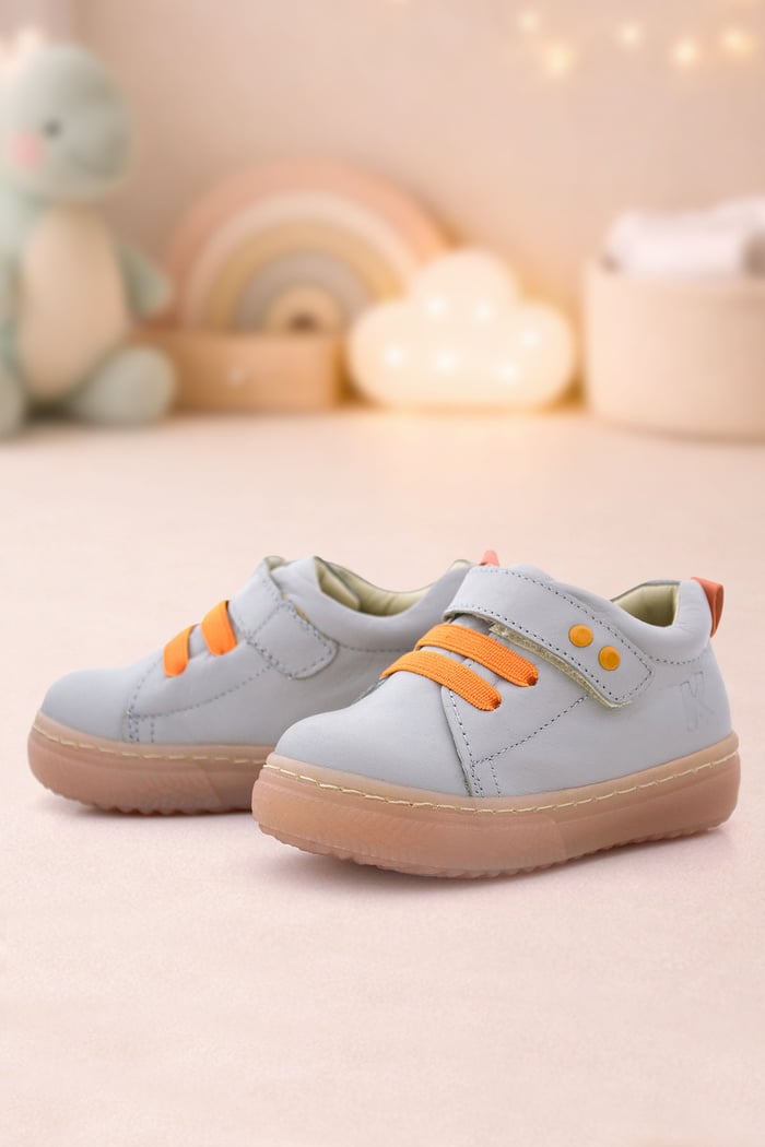 Anatomical Genuine Leather Gray Metal Detailed Elastic and Velcro Baby Shoes