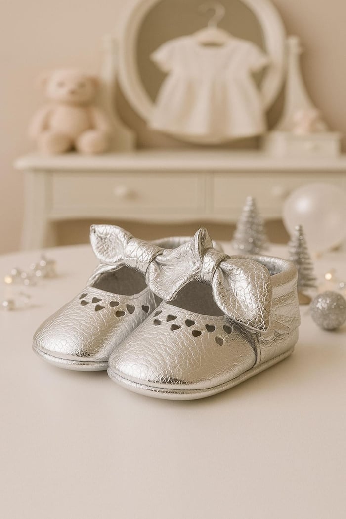 Coco Genuine Leather Silver Bow Elastic Baby Bootee