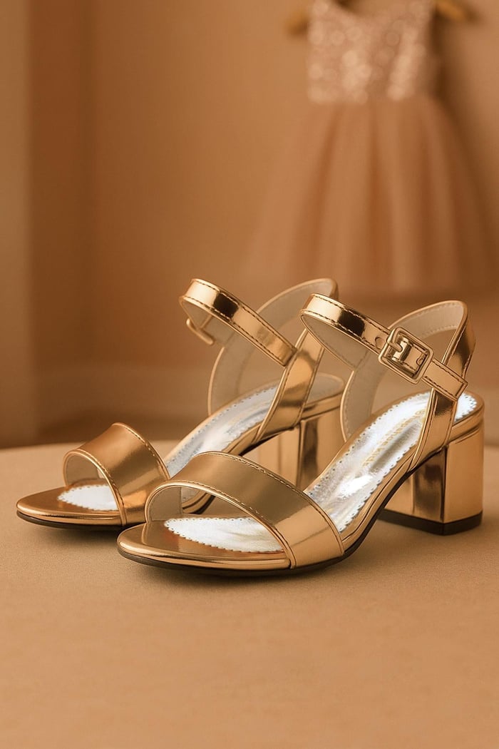 Copper Shiny Mirror Girls Thick Heels Evening Shoes