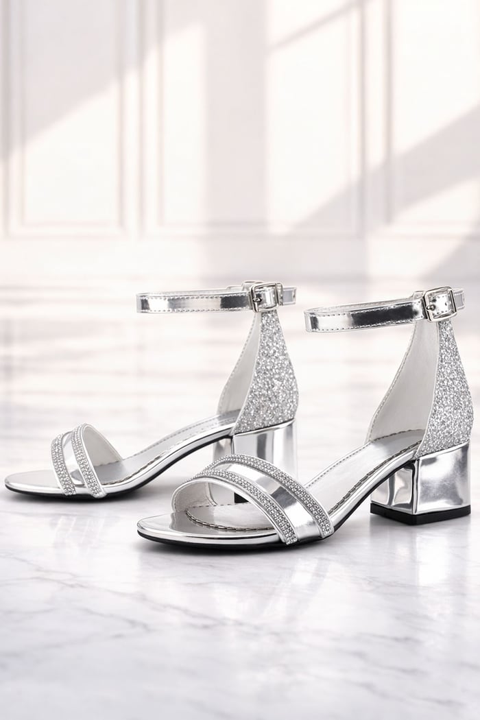 Elsa Silver Mirrored Silvery Thick Heels Shiny Stone Girls' Evening Dresses