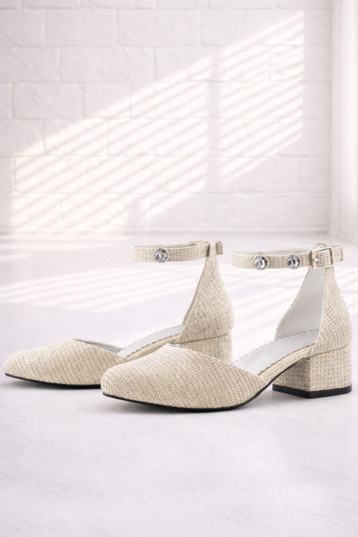 Merida Light Gold Silvery Thick Heels Stone Detailed Girls' Heels
